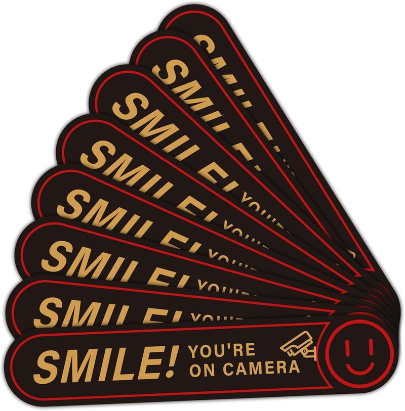 LUHIMO 8PCS Smile You're On Camera Sticker, Self Adhesive Waterproof Durable Video Surveillance Sign Sticker for Car, Security Camera Sign for Home, Business, Cars and Window（5" x 1"） - Image 1
